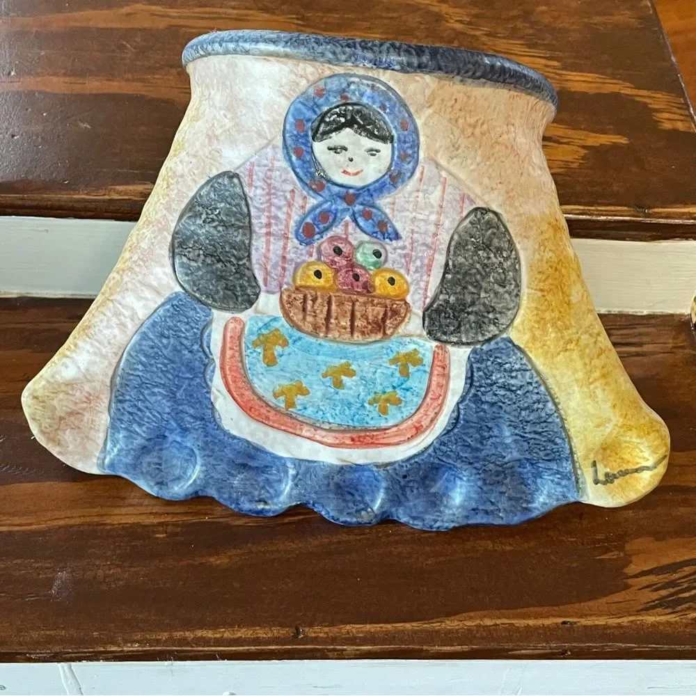 Vintage Italian Terracotta Art Pottery Hand Painted Folk Art Wall Pocket Vase